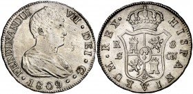 1809. Fernando VII. Sevilla. CN. 8 reales. (Cal. 634). 27,14 g. Busto desnudo. Leves impurezas. Escasa. MBC+/EBC-.