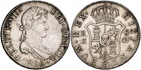 1820. Fernando VII. Sevilla. CJ. 8 reales. (Cal. 644). 26,77 g. Leves marquitas. Buen ejemplar. Escasa. EBC-.