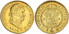 1814. Fernando VII. Cádiz. CJ. 2 escudos. (Cal. 184). 6,68 g. Precioso color. Rara y más así. MBC+/EBC-.