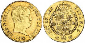1822. Fernando VII. Madrid. SR. 80 reales. (Cal. 218). 6,73 g. Tipo "cabezón". Rayita. Bonito color. Escasa. MBC+.