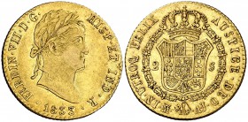 1833. Fernando VII. Madrid. AJ. 2 escudos. (Cal. 230). 6,69 g. Leves rayitas. Parte de brillo original. MBC+/EBC-.