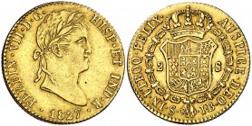 1827. Fernando VII. Sevilla. JB. 2 escudos. (Cal. 271). 6,72 g. Mínimas rayitas. Bonito color. MBC+.