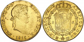 1816/15. Fernando VII. Madrid. GJ. 8 escudos. (Cal. 31) (Cal.Onza 1236). 26,92 g. La M de la ceca y las siglas del ensayador rectificadas. Golpecitos ...