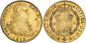 1810. Fernando VII. México. HJ. 8 escudos. (Cal. 45) (Cal.Onza 1254). 26,93 g. Busto imaginario. Leves golpecitos. Precioso color. Escasa. MBC+.