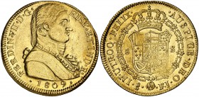 1809. Fernando VII. Santiago. FJ. 8 escudos. (Cal. 113) (Cal.Onza 1343). 26,90 g. Busto almirante. Leves marquitas. Bella. Brillo original. Escasa y m...