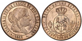 1868. Isabel II. Segovia. OM. 2 1/2 céntimos de escudo. (Cal. 648). 6,36 g. Bella. S/C-.