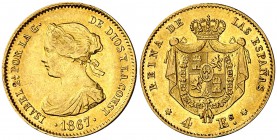 1867. Isabel II. Madrid. 4 escudos. (Cal. 111). 3,34 g. MBC+/EBC-.