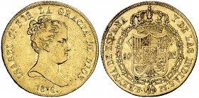 1836. Isabel II. Barcelona. PS. 80 reales. (Cal. 50). 6,73 g. Golpecitos. Pequeña parte de brillo original. Rara. MBC/MBC+.