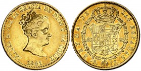 1841. Isabel II. Barcelona. PS. 80 reales. (Cal. 58). 6,72 g. Precioso color. Parte de brillo original. MBC+/EBC-.