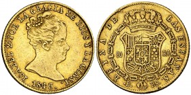 1845. Isabel II. Barcelona. PS. 80 reales. (Cal. 63). 6,73 g. Leves golpecitos. MBC/MBC+.