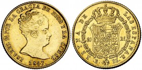 1847. Isabel II. Barcelona. PS. 80 reales. (Cal. 65). 6,72 g. Bonito color. MBC+/EBC-.