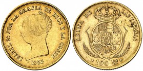 1855. Isabel II. Barcelona. 100 reales. (Cal. 8). 8,38 g. Hojita en reverso. Parte de brillo original. MBC+.