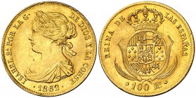 1862. Isabel II. Madrid. 100 reales. (Cal. 27). 8,34 g. Golpecito en canto. Bella. EBC+.