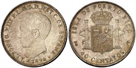 1896. Alfonso XIII. Puerto Rico. PGV. 40 centavos. (Cal. 83). 10,02 g. Atractiva. Pátina. Escasa así. EBC-.