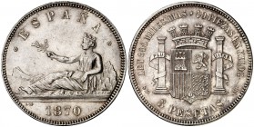 1870*1870. Gobierno Provisional. SNM. 5 pesetas. (Cal. 3). 24,81 g. Bella. Parte de brillo original. Escasa así. EBC/EBC+.