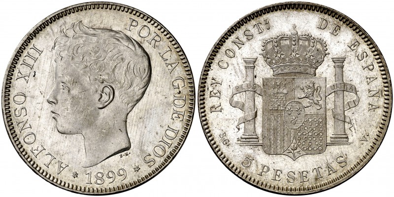 1899*1899. Alfonso XIII. SGV. 5 pesetas. (Cal. 28). 25,07 g. Bella. Brillo origi...