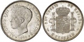 1899*1899. Alfonso XIII. SGV. 5 pesetas. (Cal. 28). 25,07 g. Bella. Brillo original. Escasa así. S/C-.