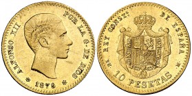 1879*1879. Alfonso XII. EMM. 10 pesetas. (Cal. 24). 3,22 g. Rayitas. Parte de brillo original. Muy rara. MBC/MBC+.