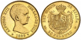 1889*1889. Alfonso XIII. MPM. 20 pesetas. (Cal. 4). 6,44 g. Bella. Brillo original. Escasa así. EBC+.