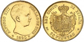 1890*1890. Alfonso XIII. MPM. 20 pesetas. (Cal. 5). 6,44 g. Leves golpecitos. EBC.