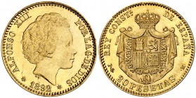 1892*1892. Alfonso XIII. PGM. 20 pesetas. (Cal. 6). 6,44 g. Tipo "bucles". Mínimos golpecitos. Bella. Brillo original. Rara. EBC.