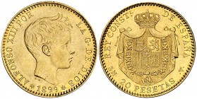1899*1899. Alfonso XIII. SMV. 20 pesetas. (Cal. 7). 6,47 g. Parte de brillo original. EBC.