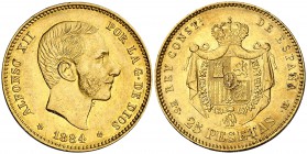 1884*1884. Alfonso XII. MSM. 25 pesetas. (Cal. 19). 8,04 g. Parte de brillo original. Escasa. EBC-.