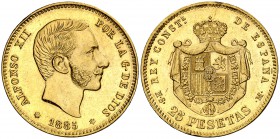 1885*1885. Alfonso XII. MSM. 25 pesetas. (Cal. 20). 8,04 g. Leves golpecitos. Bella. Parte de brillo original. Rara. EBC.
