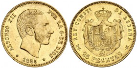 1885*1886. Alfonso XII. MSM. 25 pesetas. (Cal. 21). 8,04 g. Levísimas rayitas. Bella. Brillo original. Muy rara. EBC.