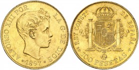 1897*1897. Alfonso XIII. SGV. 100 pesetas. (Cal. 1). 32,28 g. Levísimos golpecitos. Bella. Brillo original. Rara. EBC+.