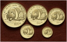 1987. China. 5, 10, 25, 50 y 100 yuan. (Fr. B4 a B8). 59,10 g. AU. Panda, serie de 5 monedas. Proof.