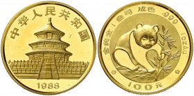 1988. China. 100 yuan. (Kr. Y156). 31,13 g. AU. Panda tocando bambú. Proof.
