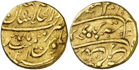 AH. 1109 (1697 d.C.). India-Imperio Mogul. Muhayi al-Din Aurungzeb Alamgir. Ajmer. 1 mohur. (Fr. 810) (Kr. 315.4). 10,91 g. AU. Rara. MBC+.