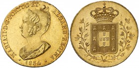 1834. Portugal. María II. 1 peça (4 escudos). (Fr. 141) (Kr. 405) (Gomes 19.01). 14,34 g. AU. Bella. Ex Rauch 21/09/2015, nº 1620. Ex Áureo&Calicó Sel...