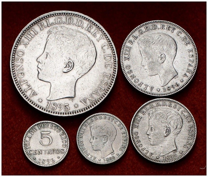 1895-1896. Alfonso XIII. Puerto Rico. PGV. 5, 10, 20, 40 centavos y 1 peso. (Cal...