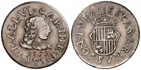 1759. Carlos III. Mallorca. Proclamación. (Ha. 34) (V. 31) (V.Q. 13019) (Cru.Medalles 225). 1,24 g. 15 mm. Módulo 1/2 real. Rara. MBC+.