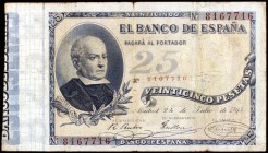 1893. 25 pesetas. (Ed. B84). 24 de julio, Jovellanos. Leves roturas. Raro. MBC-.