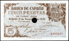 1936. Burgos 5 pesetas. (Ed. D18na var). 21 de noviembre. Con taladro central, sin serie y con numeración. Raro. S/C-.
