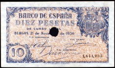 1936. Burgos. 10 pesetas. (Ed. D19na). 21 de noviembre. Con taladro central, sin serie y con numeración. Raro. S/C-.