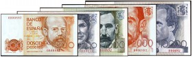 1979 a 1985. 200, 500, 1000, 2000 y 10000 pesetas. Lote de 5 billetes, Clarín, Pérez Galdós, Rosalía de Castro, Juan Ramón Jiménez y Juan Carlos I / F...