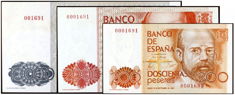 1980 y 1985. 200, 2000 y 10000 pesetas. Lote de 3 billetes, Clarín, Juan Ramón J...