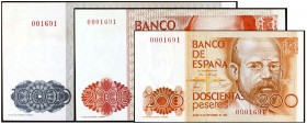 1980 y 1985. 200, 2000 y 10000 pesetas. Lote de 3 billetes, Clarín, Juan Ramón Jiménez y Juan Carlos I / Felipe. Todos con la misma numeración 0001691...