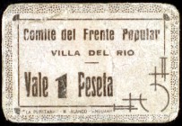 Villa del Río (Córdoba). Comité del Frente Popular. 1 peseta. (KG. 787). Cartón. Muy raro. MBC-.