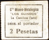 La Carolina (Jaén). Cía. Minero-metalúrgica Los Guindos. 2 pesetas. (KG. 246a). Cartón. Muy raro. MBC.