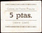 Lopera (Jaén). Comité del Frente Popular. 5 pesetas. (KG. 453). Cartón. Muy raro. MBC-.