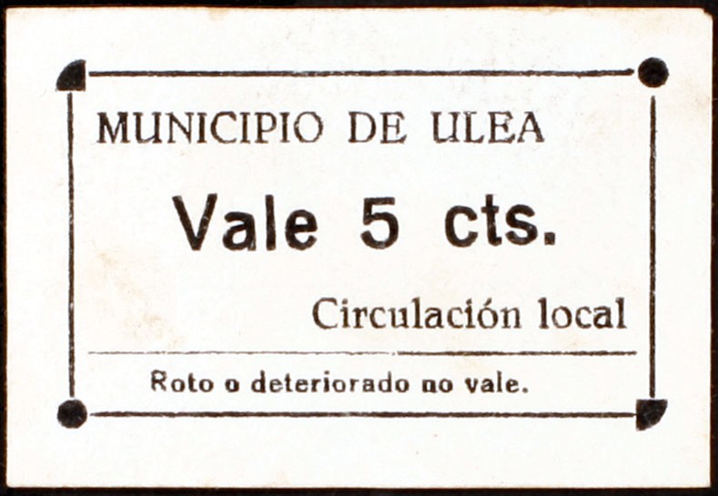 Ulea (Murcia). 5 céntimos. (KG. 753) (C. 297). Cartón. Muy raro. MBC+.