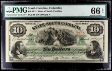 1872. Estados Unidos. Carolina del Sur. 10 dólares. (Pick 53324). 2 de marzo. Plastificado por la PMG como Gem Uncirculated 66. Escaso. S/C-.