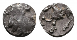 EASTERN EUROPE. AR Obol. Kapostaler Type. Circa 2nd - 1st century BC. Celticised, bearded head to right / Stylised horse prancing to left. Lanz 838. E...