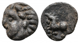 Central Europe. Vindelici. Late 2nd to early 1st century BC. AR Quinarius 'Prototyp' issue. Av.: Naturalistic male head to left, hairs in thick upward...