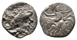 Western Europe. Gaul. Namnetes. 1/4 Stater (2nd-1st centuries BC). Obv: Stylized head right. Rev: Stylized horse and rider right; hippophore between l...